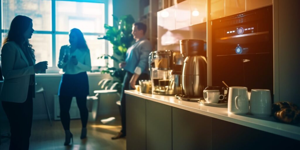 colleagues having a coffee break and chatting in the office pantry