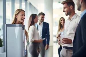office people standing near water cooler in the office