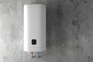 modern slim white electric water heater on the concrete wall