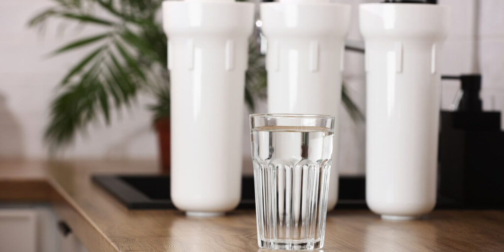 glass of clean drinkable water and set of filter cartridges on wooden table top in a kitchen
