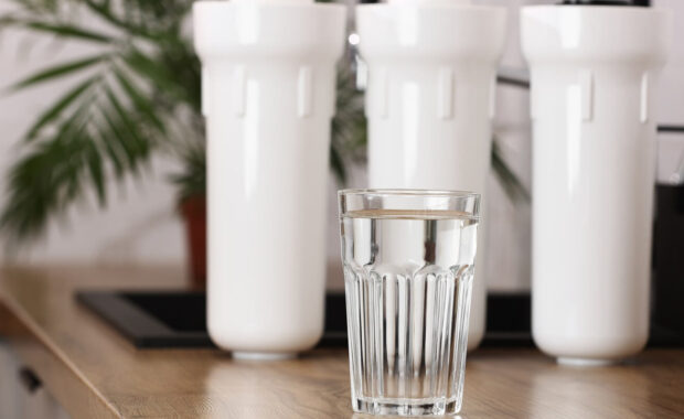 glass of clean drinkable water and set of filter cartridges on wooden table top in a kitchen