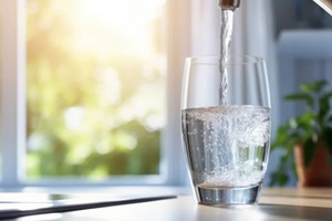 filling up a glass with clean drinking water from kitchen faucet