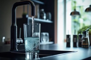 modern water tap with purified water fills a glass