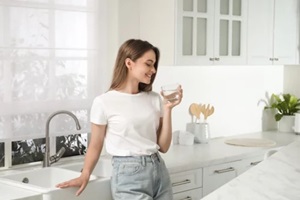 woman drinking tap water from glass in kitchen